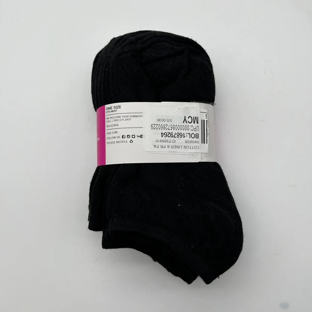 HUE Socks Womens OS Black Cotton Liner Socks 6 Pairs Value Pack Wicking Fresh